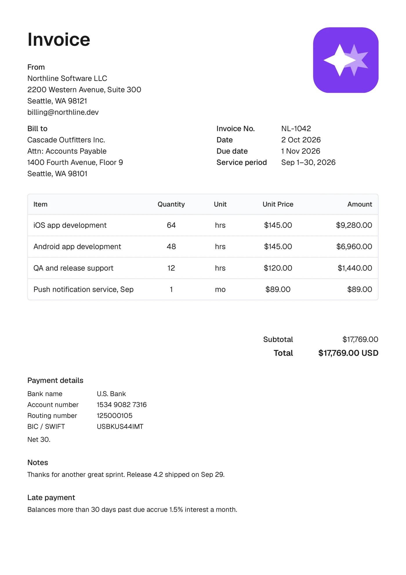 A complete billsend invoice from a Seattle app studio, filled out top to bottom
