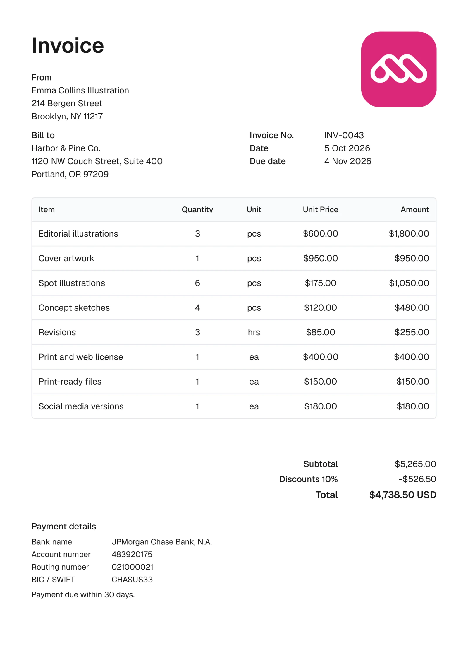 A billsend invoice from Emma Collins Illustration in Brooklyn to Harbor & Pine Co. in Portland, listing editorial illustrations and cover artwork